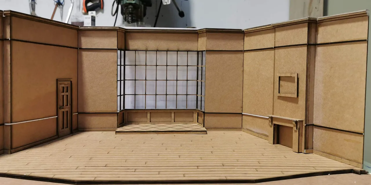 Laser-cut miniature stage set made from MDF using Trotec laser cutter for precision modeling