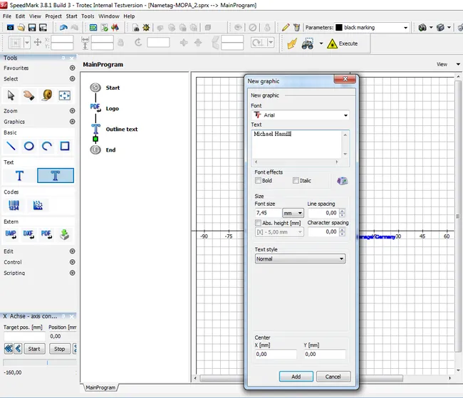 Trotec SpeedMark laser marking software interface with text input window open