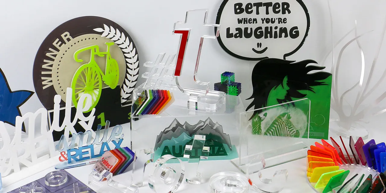 Acrylic signs and colorful displays created with Trotec laser cutter and engraving machine