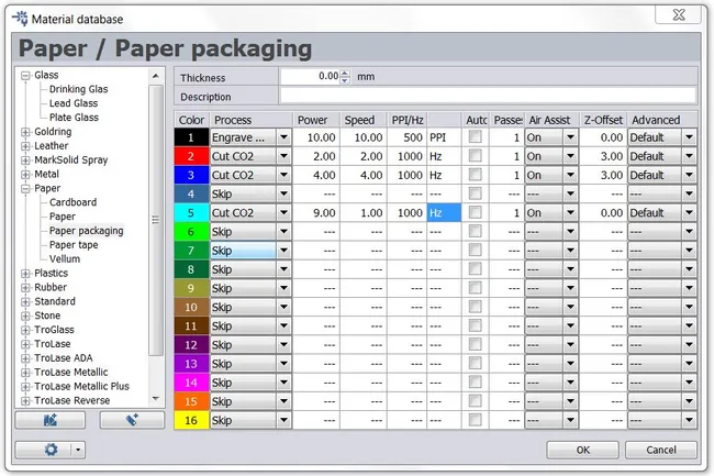 material-database-laser-parameter-paper