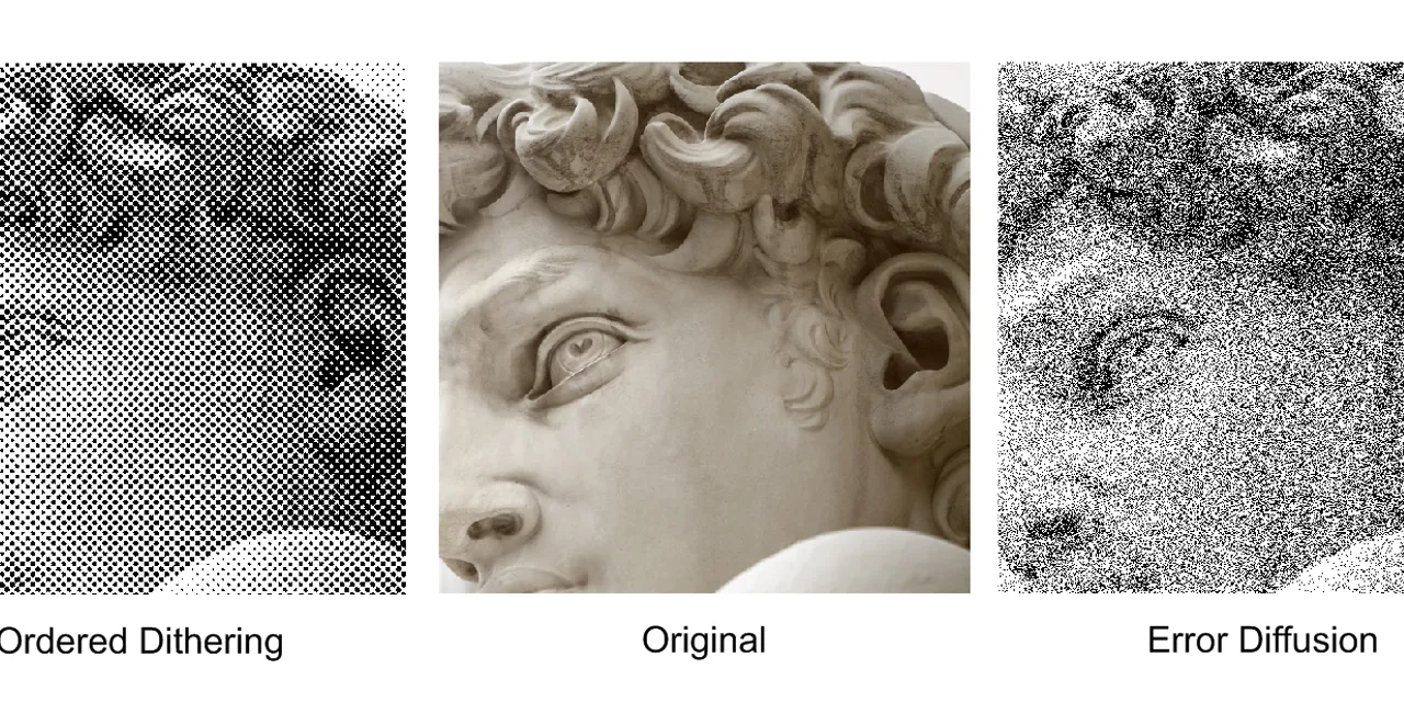Comparison of dithering techniques for laser engraving: ordered dithering, original image, and error diffusion