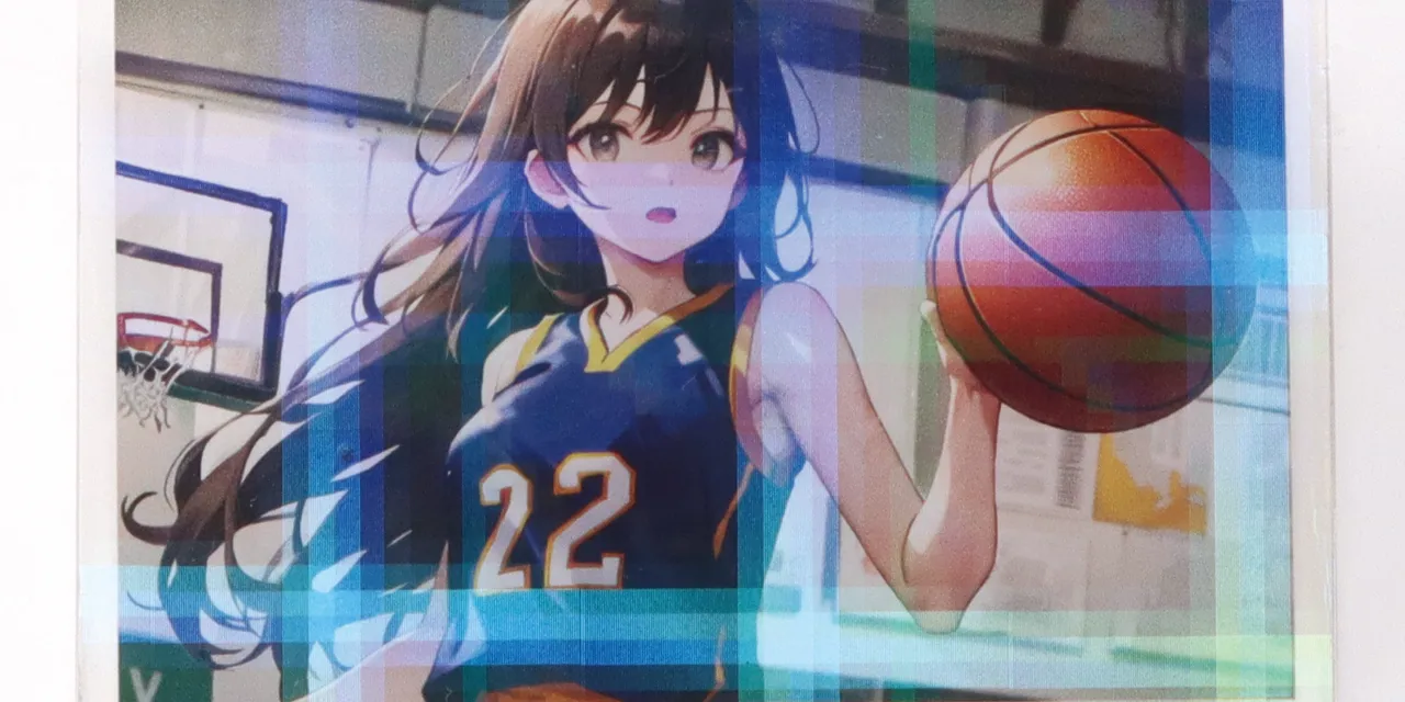 Color-printed acrylic card with anime-style basketball player, possibly made using Trotec laser cutting technology