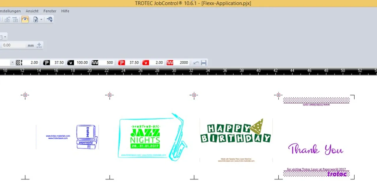 Trotec JobControl® software interface displaying Flexx laser engraving designs