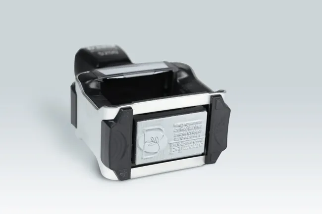 Laser-engraved rubber stamp created with Trotec laser engraving machine