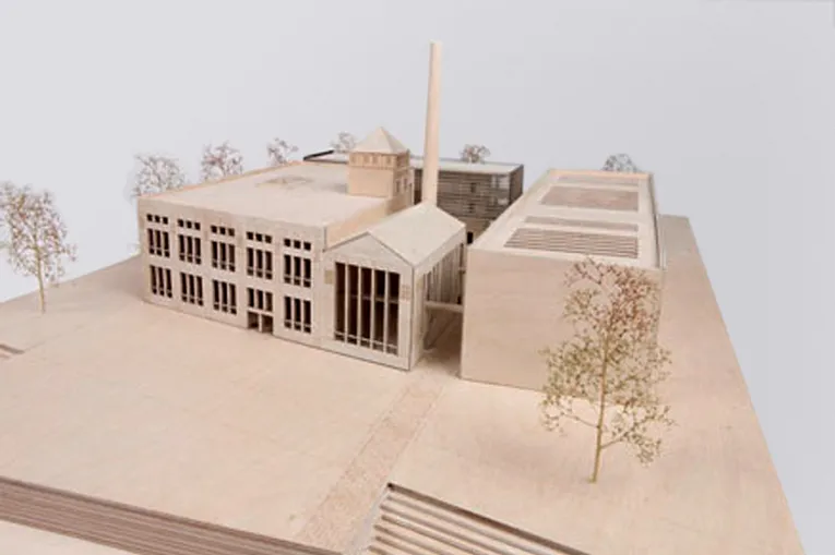 Architectural model of modern building complex cut with Trotec laser cutter for precise detailing