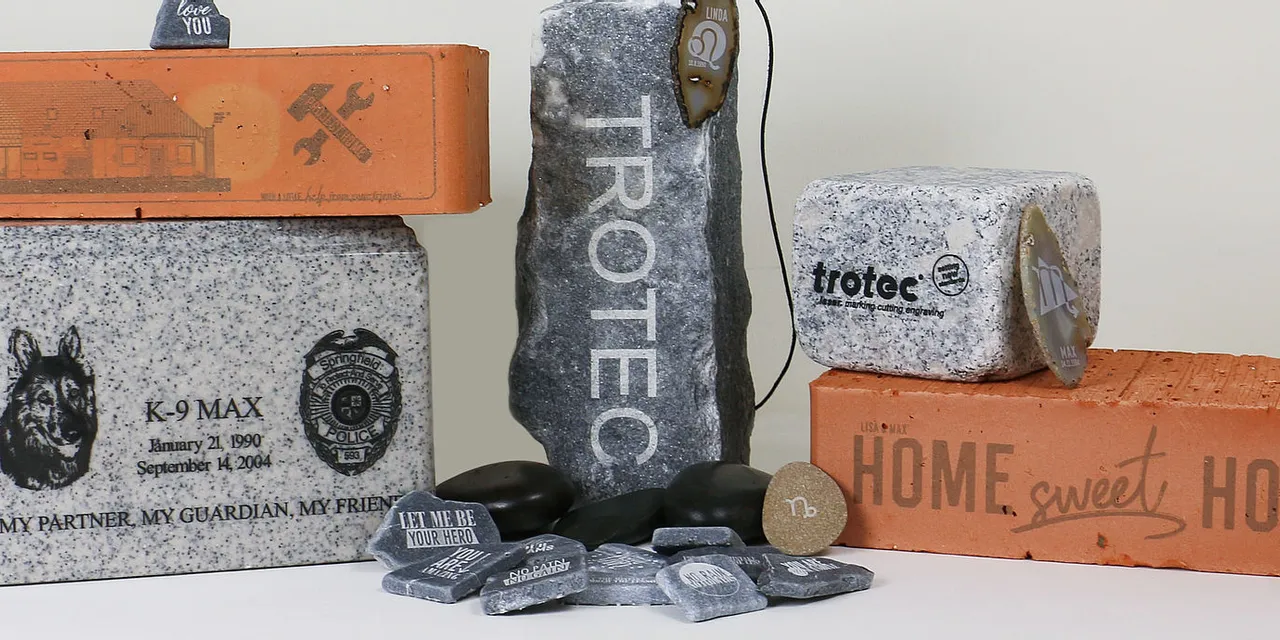 Laser-engraved bricks and stones using Trotec laser marking technology for decorative and memorial use