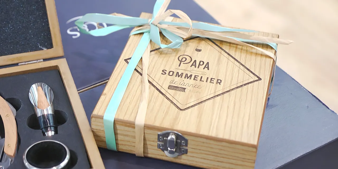 Laser-engraved wooden gift box reading 'Papa Sommelier' created with Trotec CO₂ laser