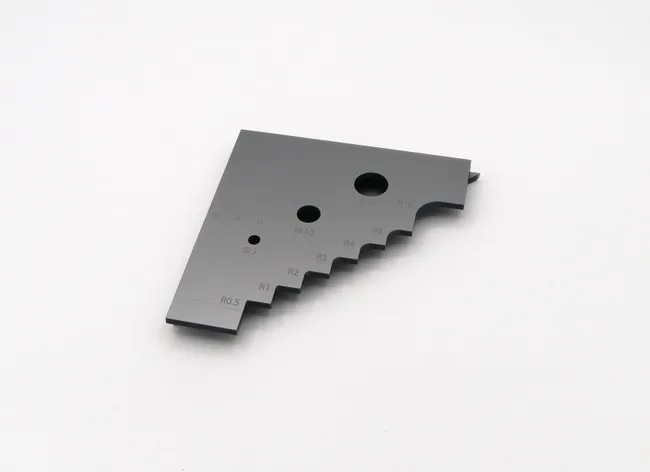 Laser-cut acrylic angle gauge with engraved measurement markings made using Trotec laser cutter