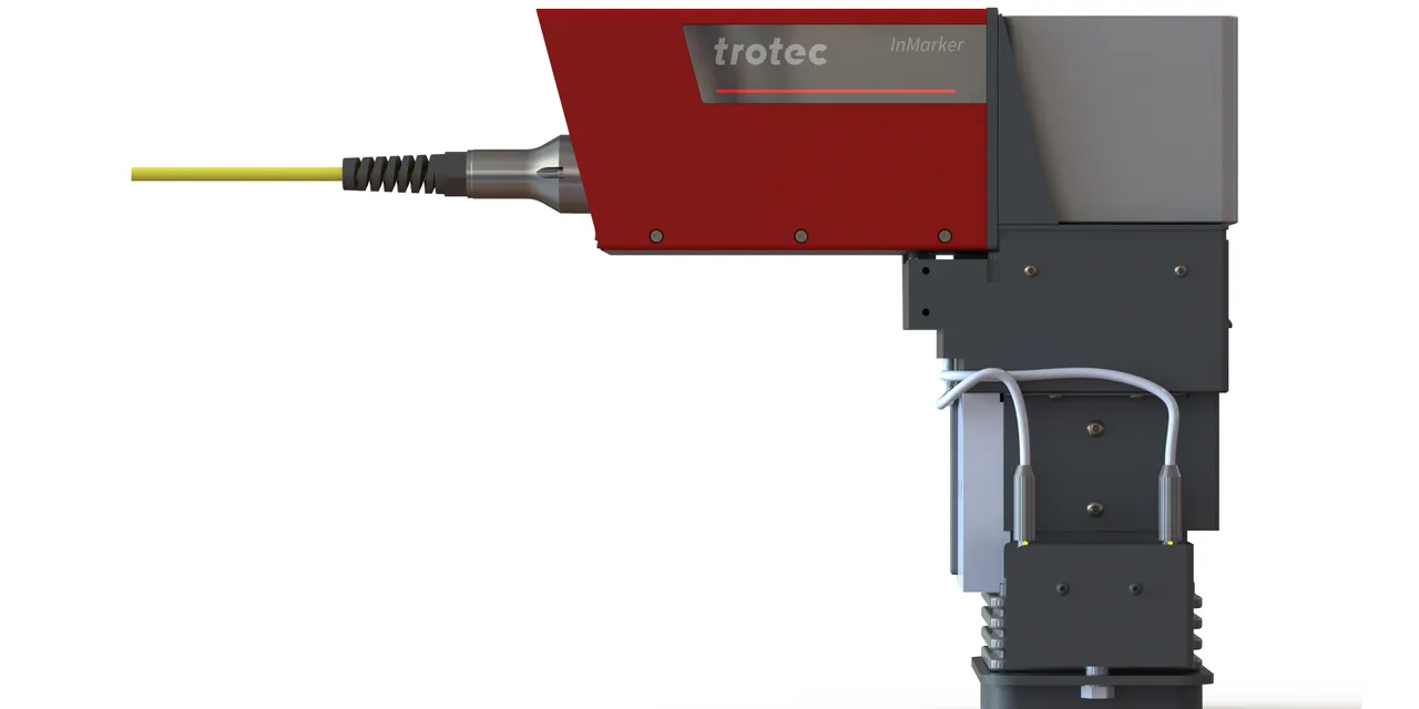 Trotec InMarker laser marking head with fiber laser cable for industrial engraving