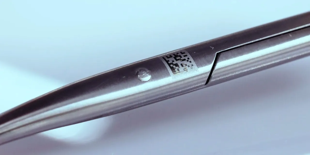Trotec laser marking a precise DataMatrix code on a metal surgical instrument