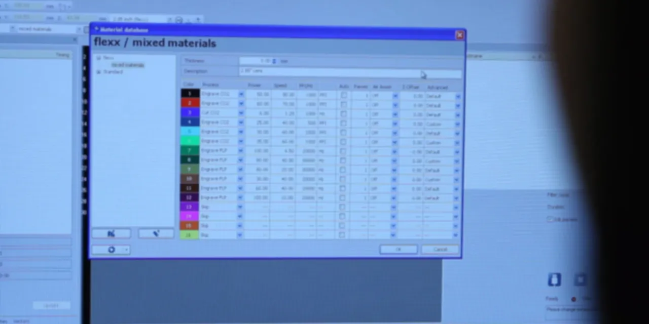 Trotec Ruby software material database showing flexx laser settings for mixed materials