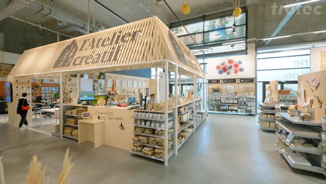 Trotec laser engraving booth showcasing personalized wood crafts with Speedy series machine and Ruby software