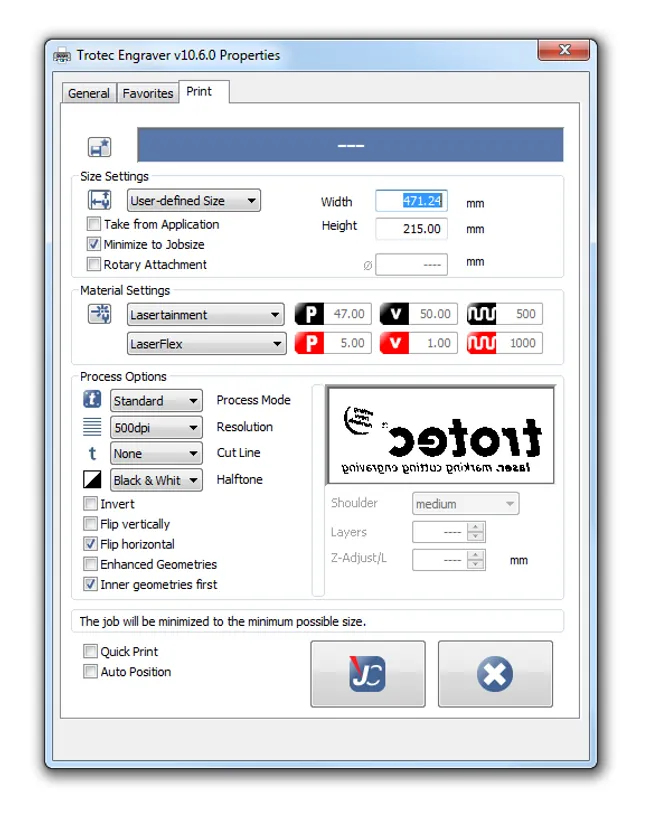 Trotec Engraver v10.6.0 software interface showing laser settings for engraving with LaserFlex material